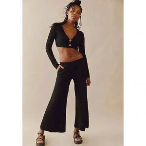 NWT Free People Ziggy Wide Leg Pants Sweater Set Crop Top Cardi Large Black